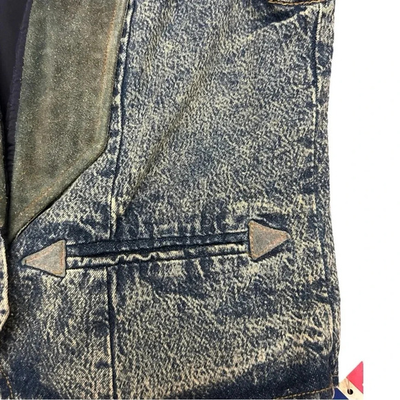 Rare Vintage Pioneer Wear 80s Acid Wash Leather Trim  Denim Jean Vest Unisex - Picture 8 of 14